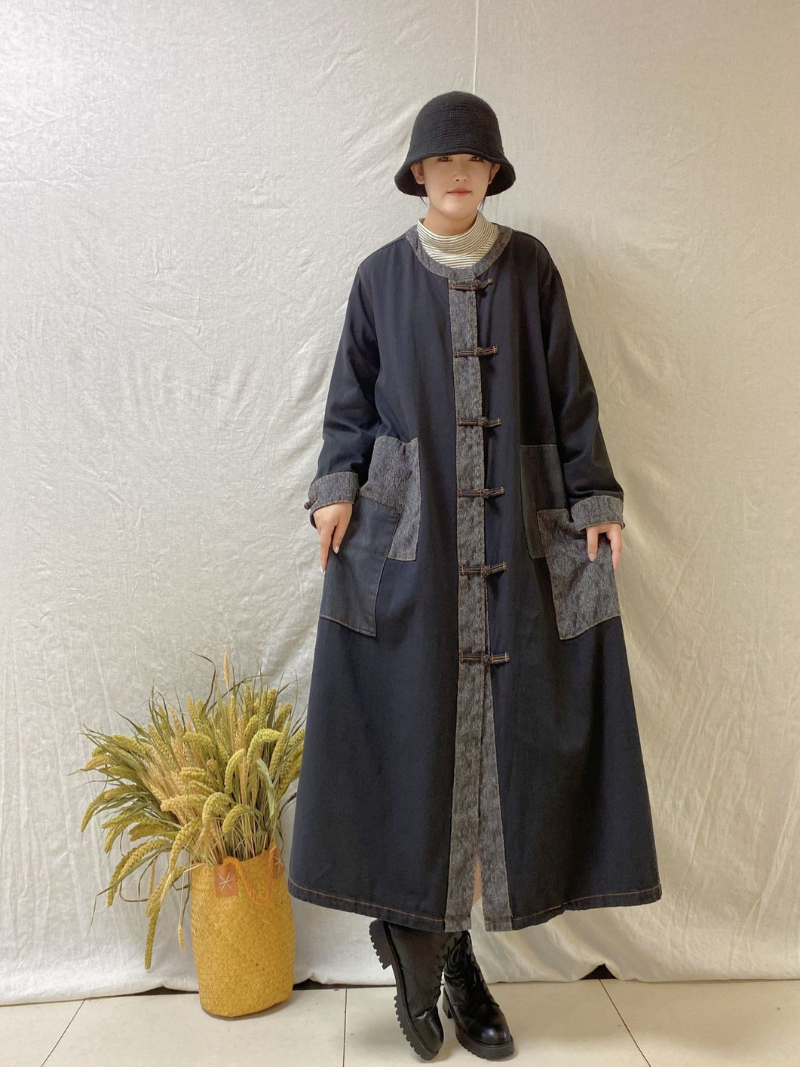 Stand Collar Frog Button Patch Pocket Long Coat 5