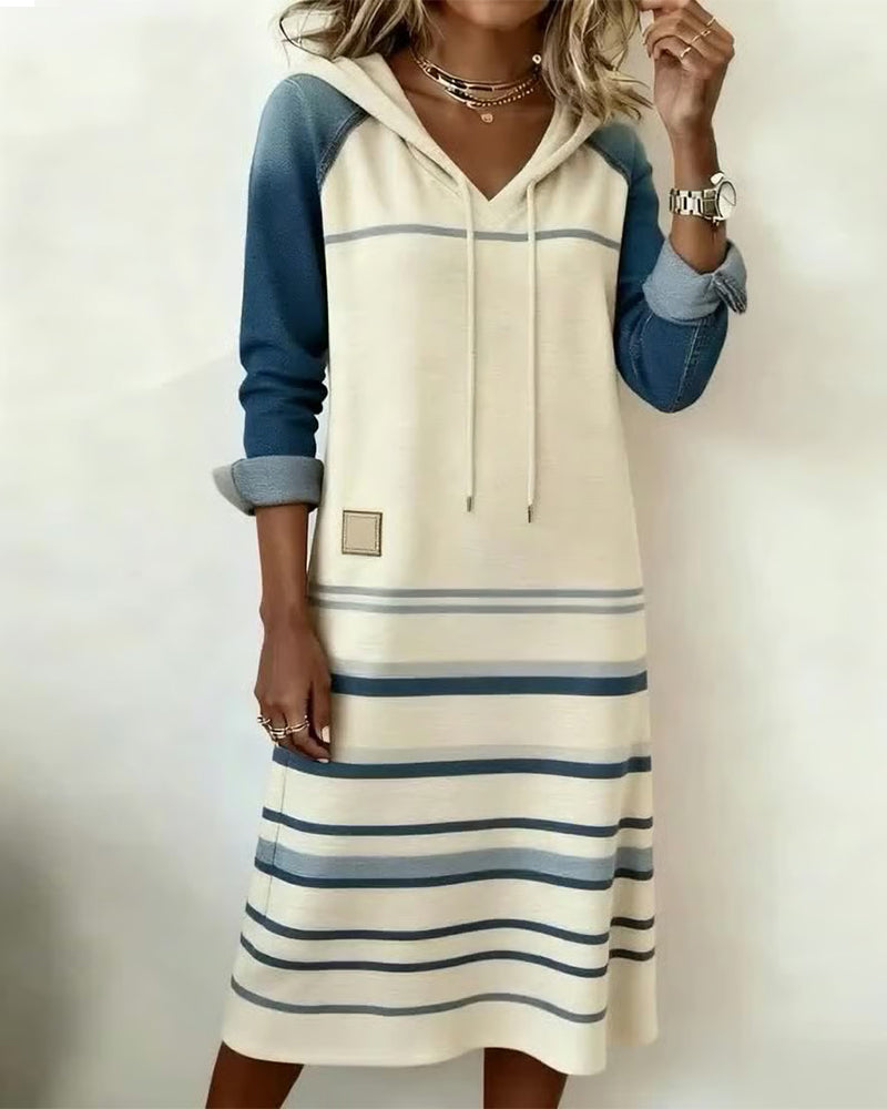 Hooded Drawstring Colorblock Stripe Long Sleeve Sweatshirt Midi Dress