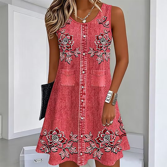 Round Neck Floral Print Button Front Pocket A-Line Mini Dress 5