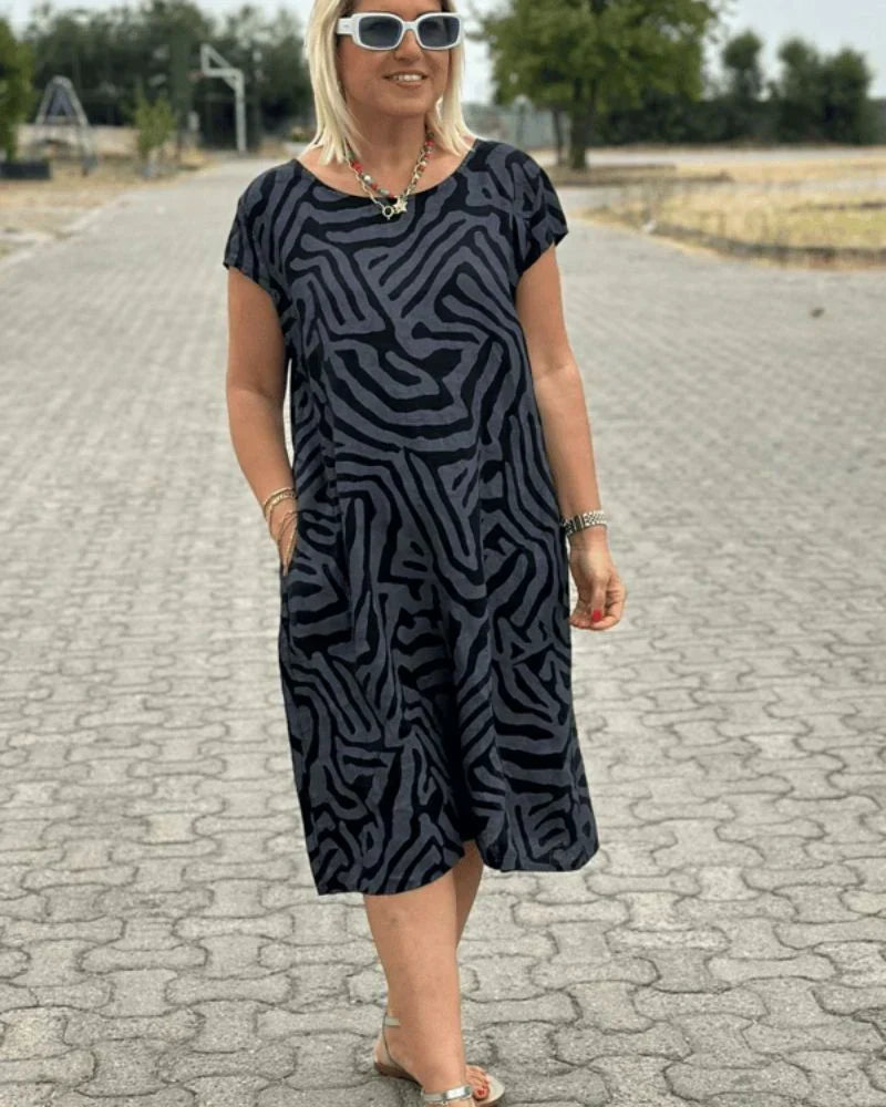 Round Neck Short Sleeve Abstract Swirl Print Pocket Shift Midi Dress 6