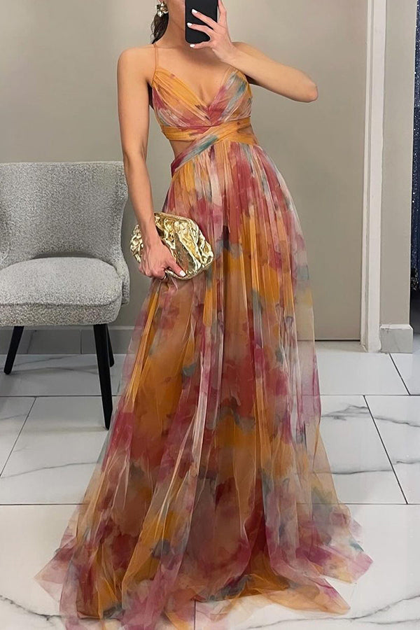 Spaghetti Strap V-Neck Watercolor Floral Tulle A-Line Maxi Gown