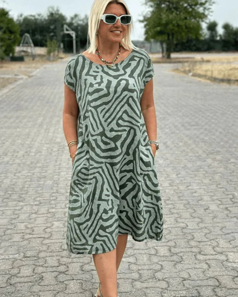 Round Neck Short Sleeve Abstract Swirl Print Pocket Shift Midi Dress