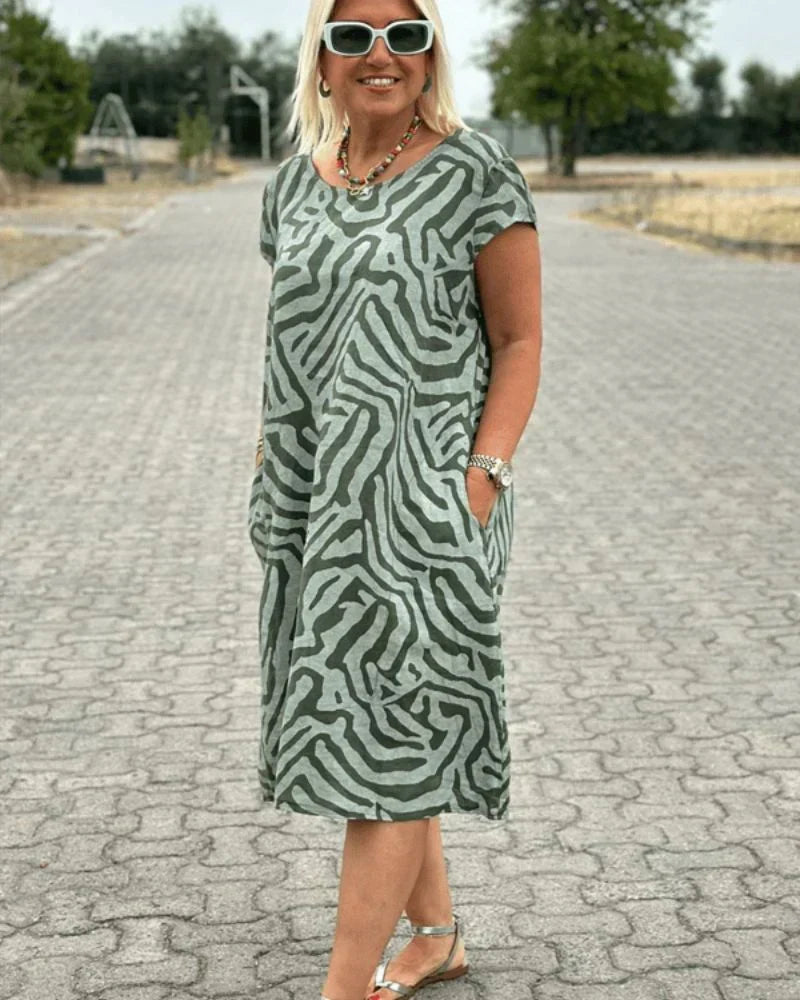 Round Neck Short Sleeve Abstract Swirl Print Pocket Shift Midi Dress 5