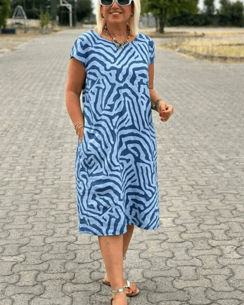 Round Neck Short Sleeve Abstract Swirl Print Pocket Shift Midi Dress 7