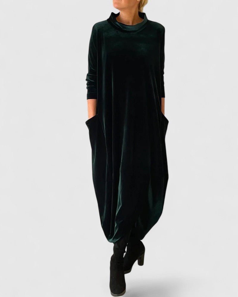 High Neck Velvet Long Sleeve Pocket Loose Cocoon Maxi Dress