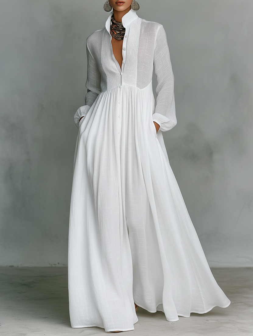 Stand Collar Button-Front Pintuck Long Sleeve Flowy Maxi Dress