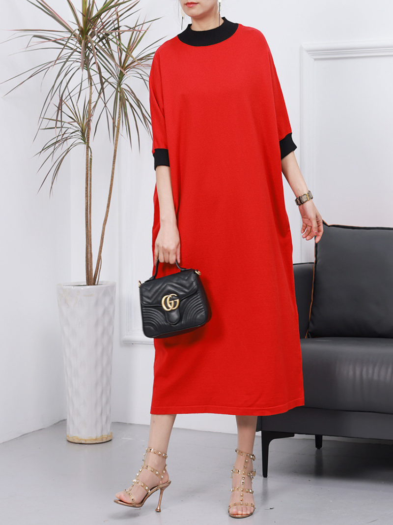 Red Contrast Mock Neck Half Sleeve Loose Knit Shift Maxi Dress