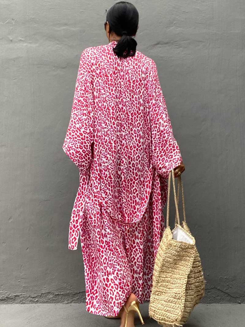Open Front Abstract Print Belted Long Kimono Robe 22