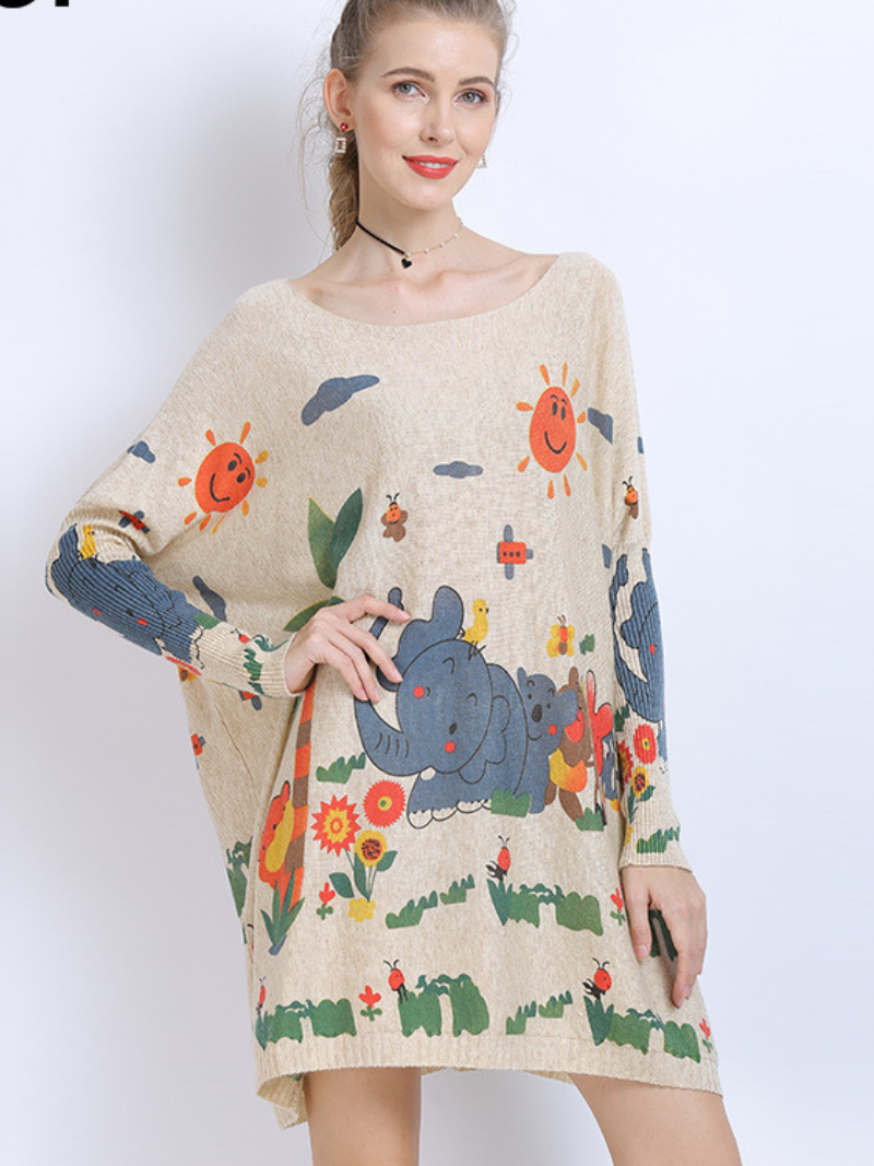 Boat Neck Cartoon Elephant Print Batwing Sleeve Loose Knit Sweater 3