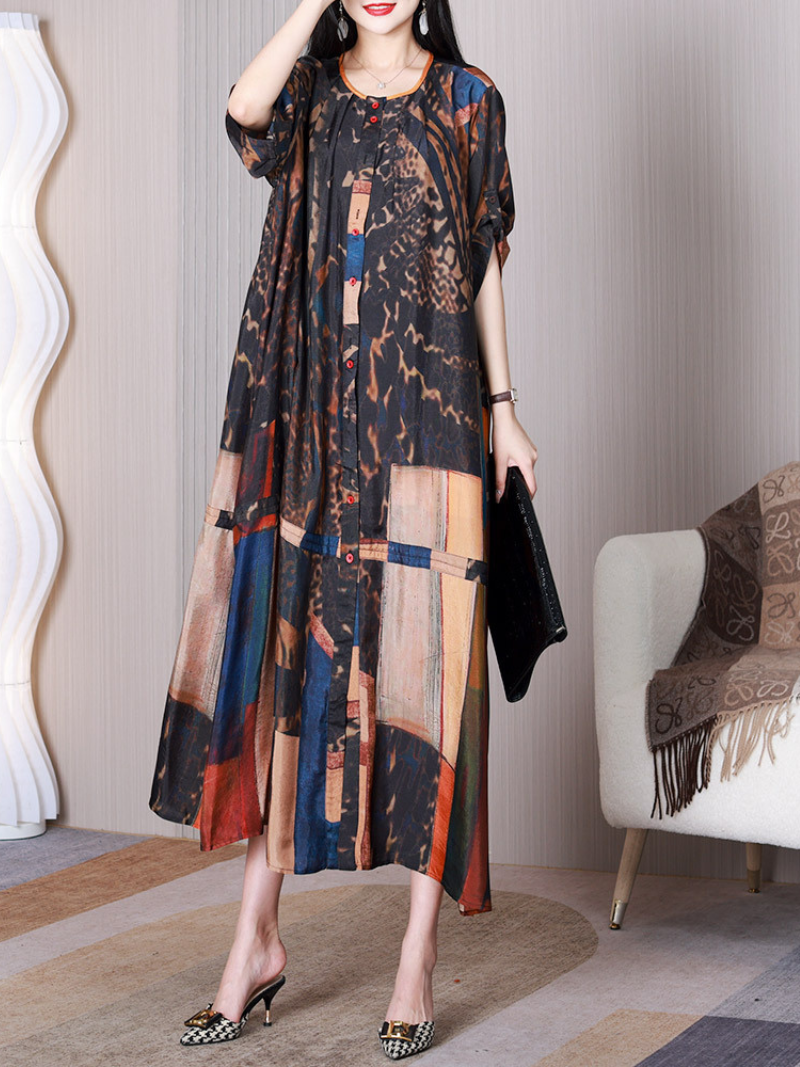 Coffee Round Neck Short Sleeve Button Front Abstract Print Shirt Maxi Dress