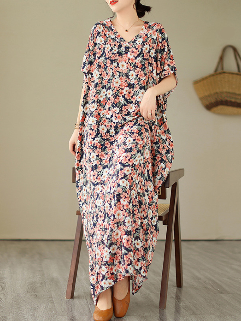 Multi Color V-Neck Ditsy Floral Batwing Sleeve Loose Kaftan Maxi Dress