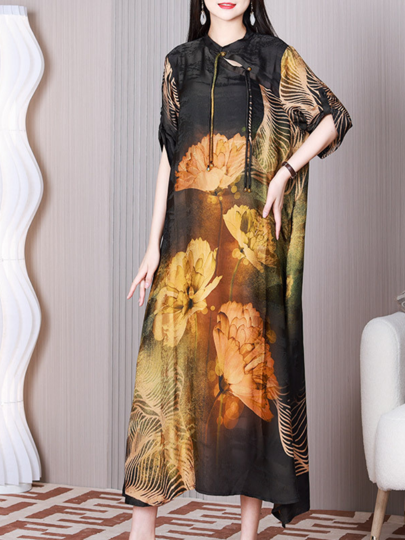 Yellow Stand Collar Floral Print Short Sleeve Loose A-Line Maxi Dress