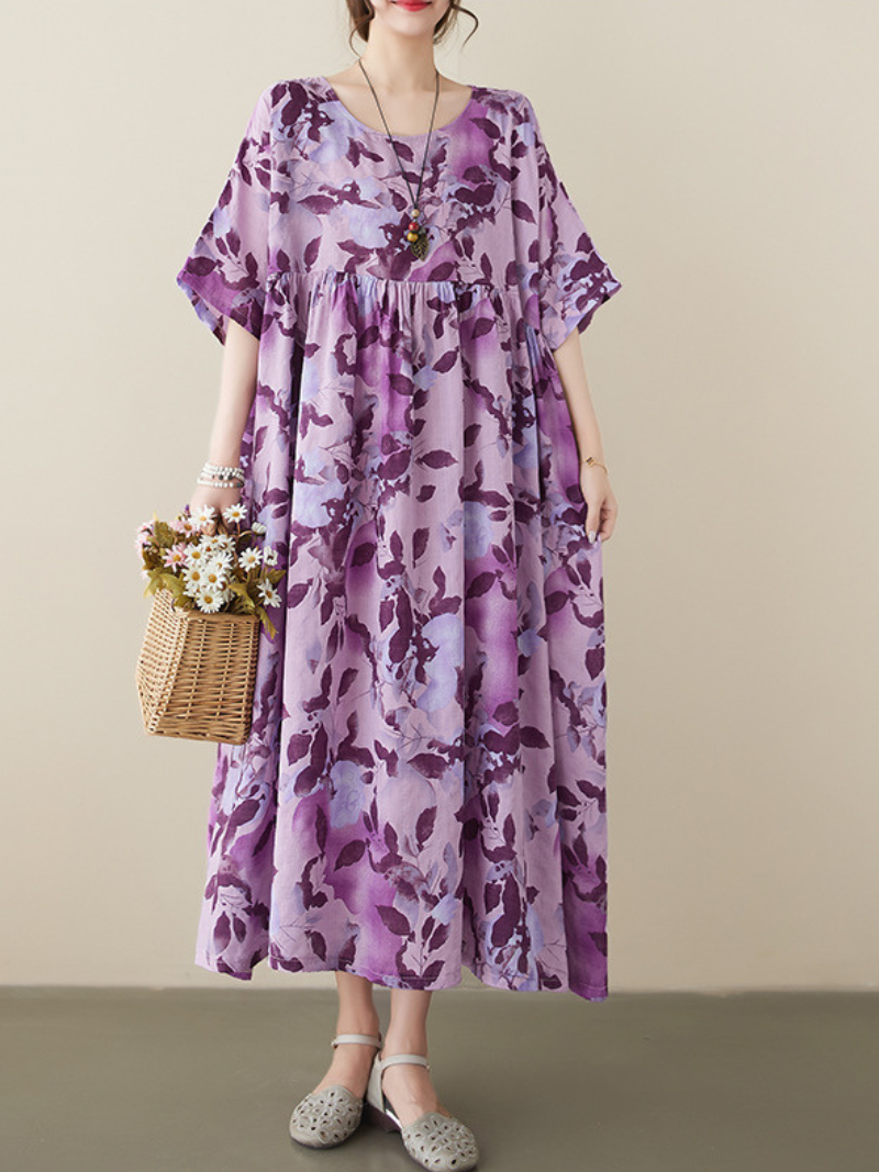 Purple Round Neck Flutter Sleeve Floral Print Pleated Midi Dress