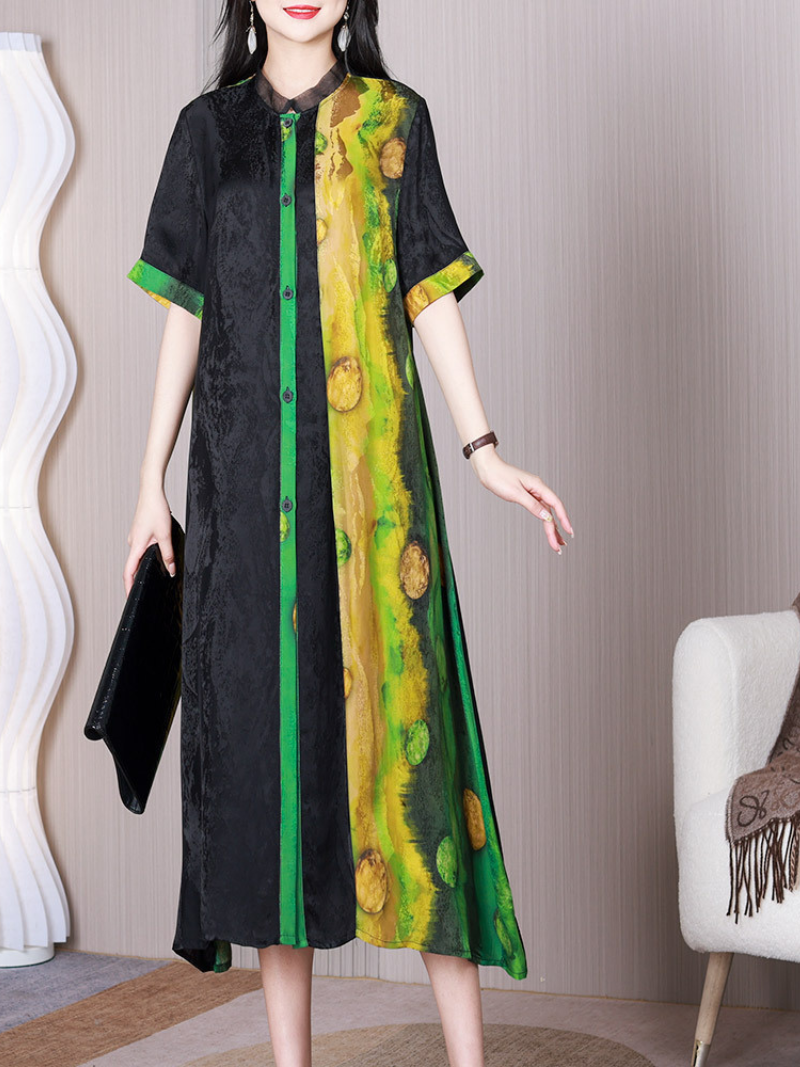Green Stand Collar Button Front Abstract Print Short Sleeve A-Line Midi Dress 3