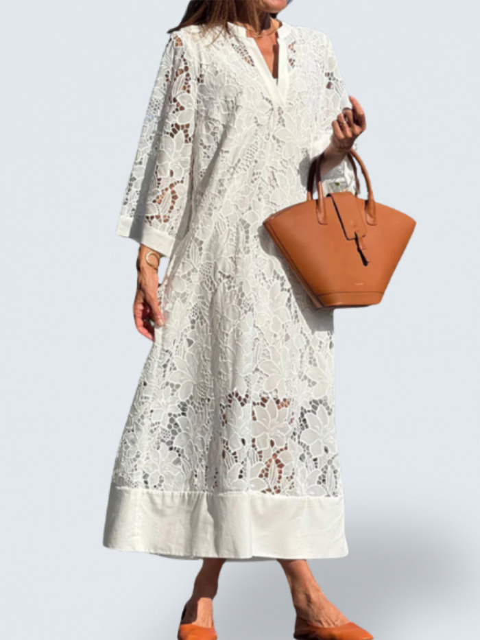 Notch V-Neck Floral Guipure Lace Three Quarter Sleeve Shift Maxi Dress