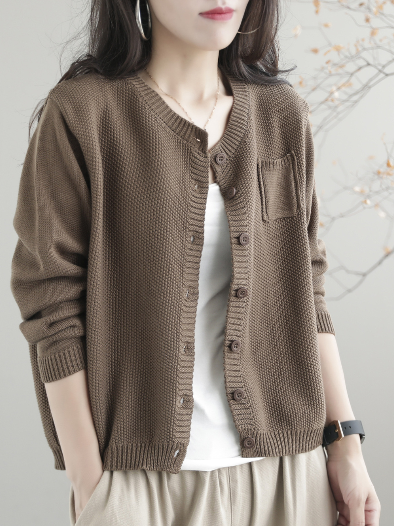Round Neck Long Sleeve Button Front Patch Pocket Knit Cardigan