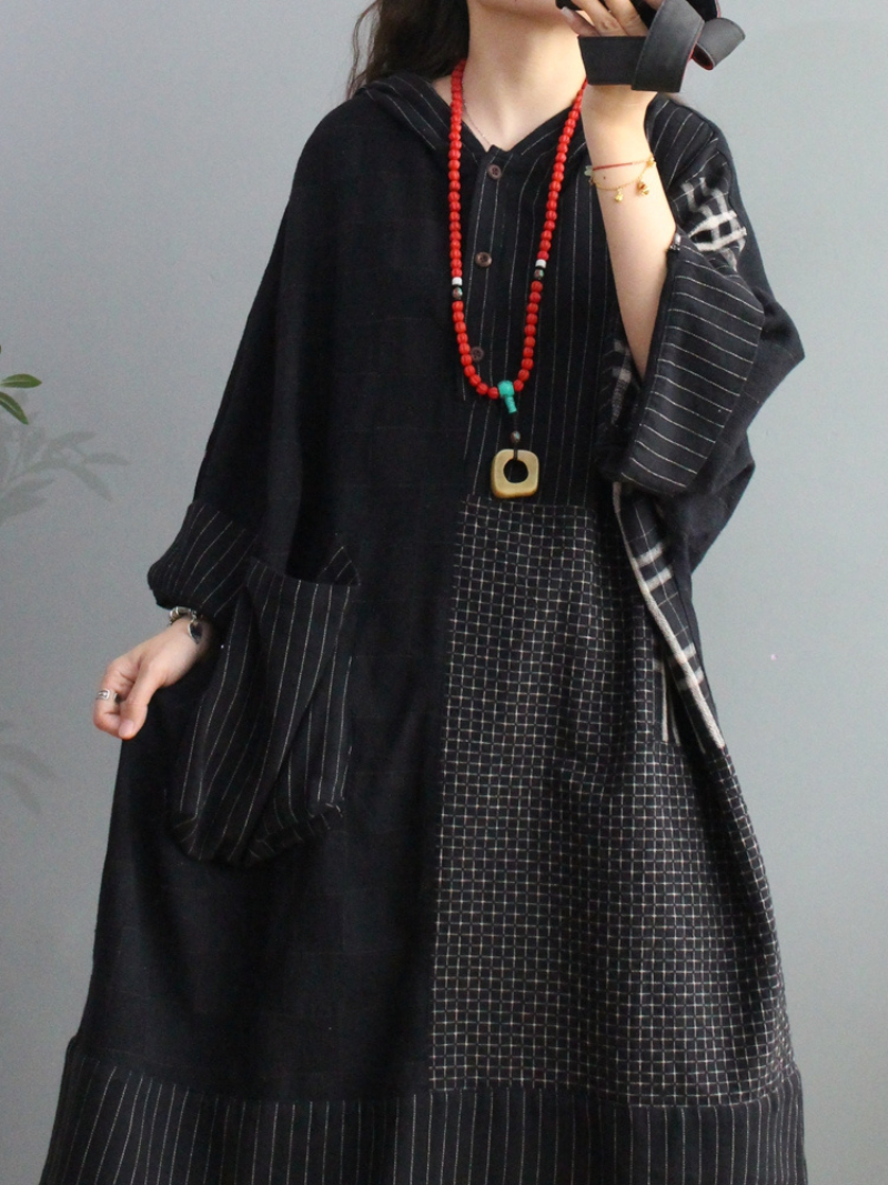 Hooded Long Sleeve Plaid Patchwork Patch Pocket Loose Midi Dress 5