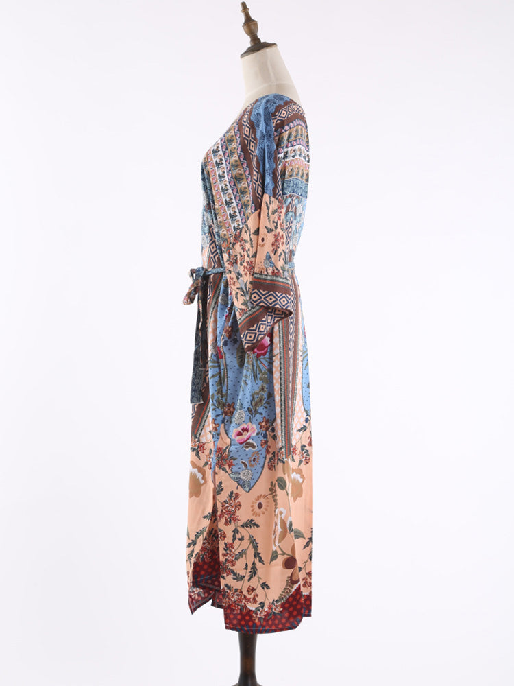 Multicolor Mixed Floral Print Belted Open Front Long Kimono Robe 3