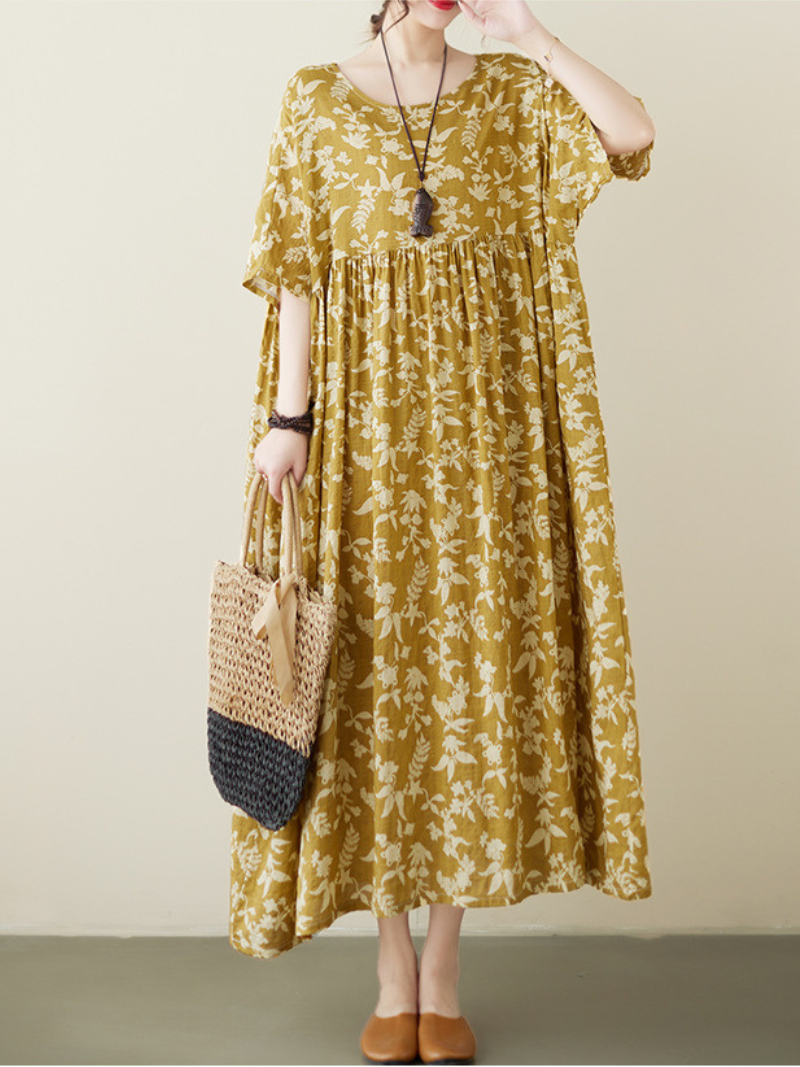 Yellow Round Neck Short Sleeve Floral Smock Loose Maxi Dress