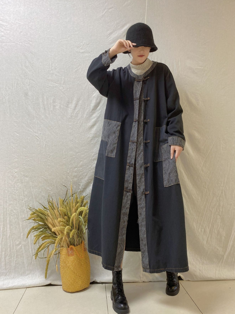 Stand Collar Frog Button Patch Pocket Long Coat 6