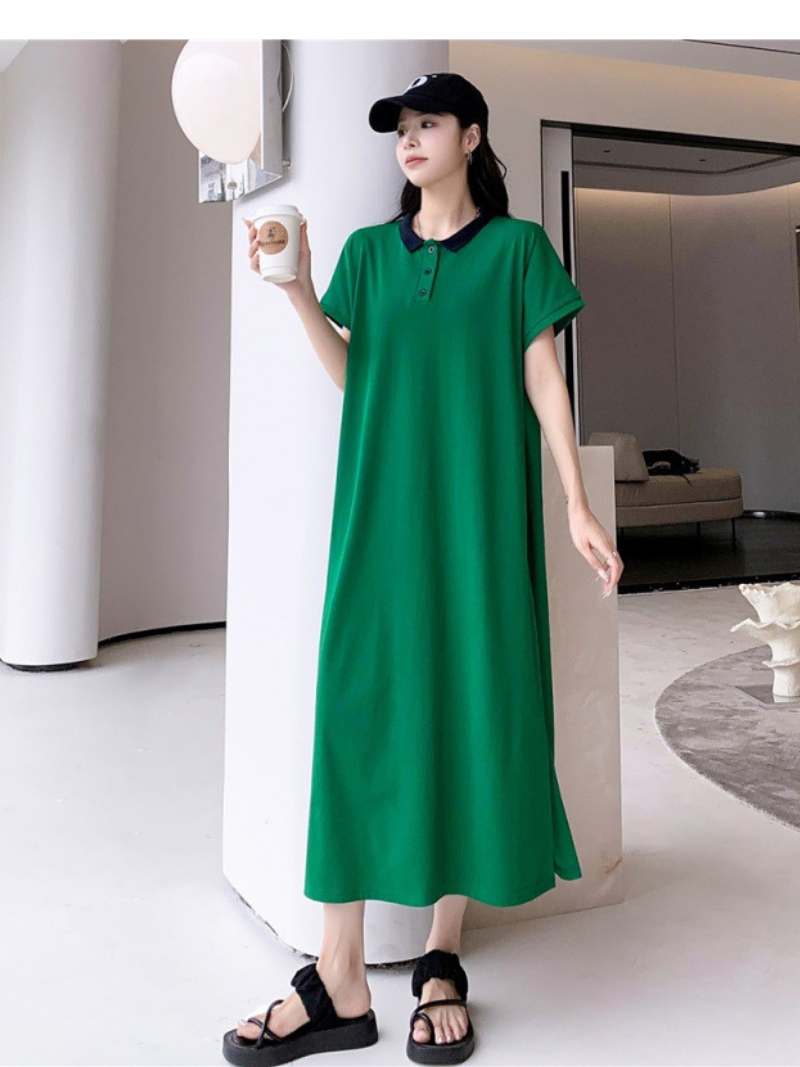 Polo Collar Button Short Sleeve Loose A-Line Maxi Dress