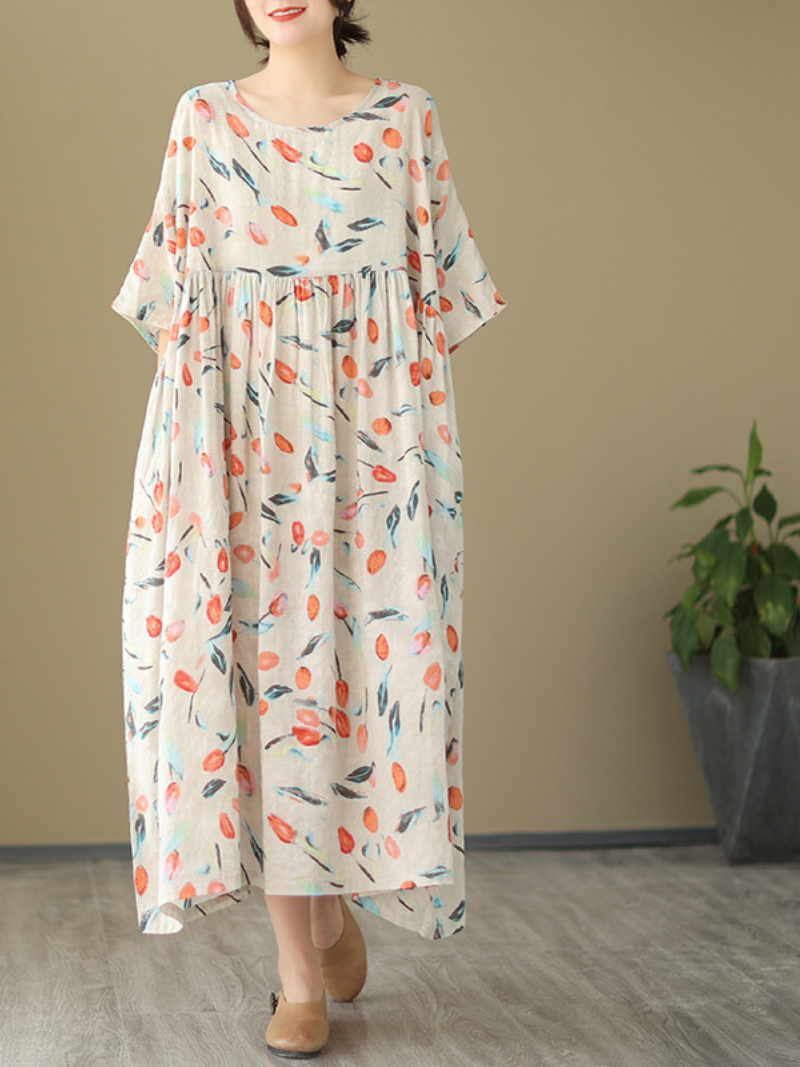 Multi Color Round Neck Floral Print Short Sleeve Pleated Loose Midi Dress 4