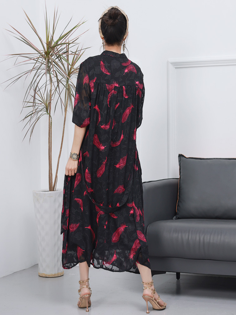 Stand Collar Half Sleeve Feather Print Loose Maxi Dress 6