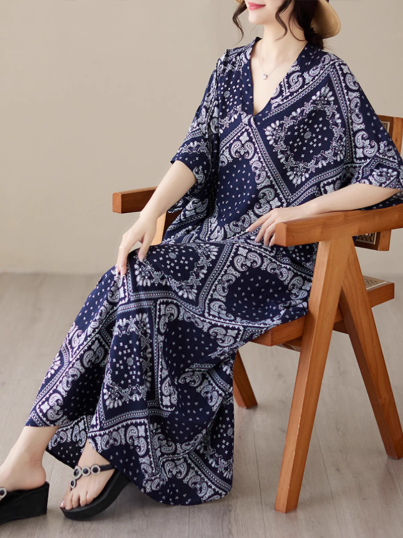 V-Neck Paisley Print Batwing Sleeve Loose Kaftan Maxi Dress