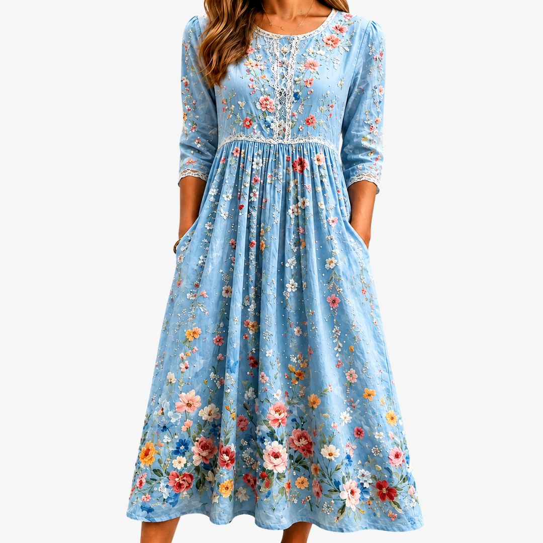Round Neck Floral Lace Placket Half Sleeve A-Line Midi Dress