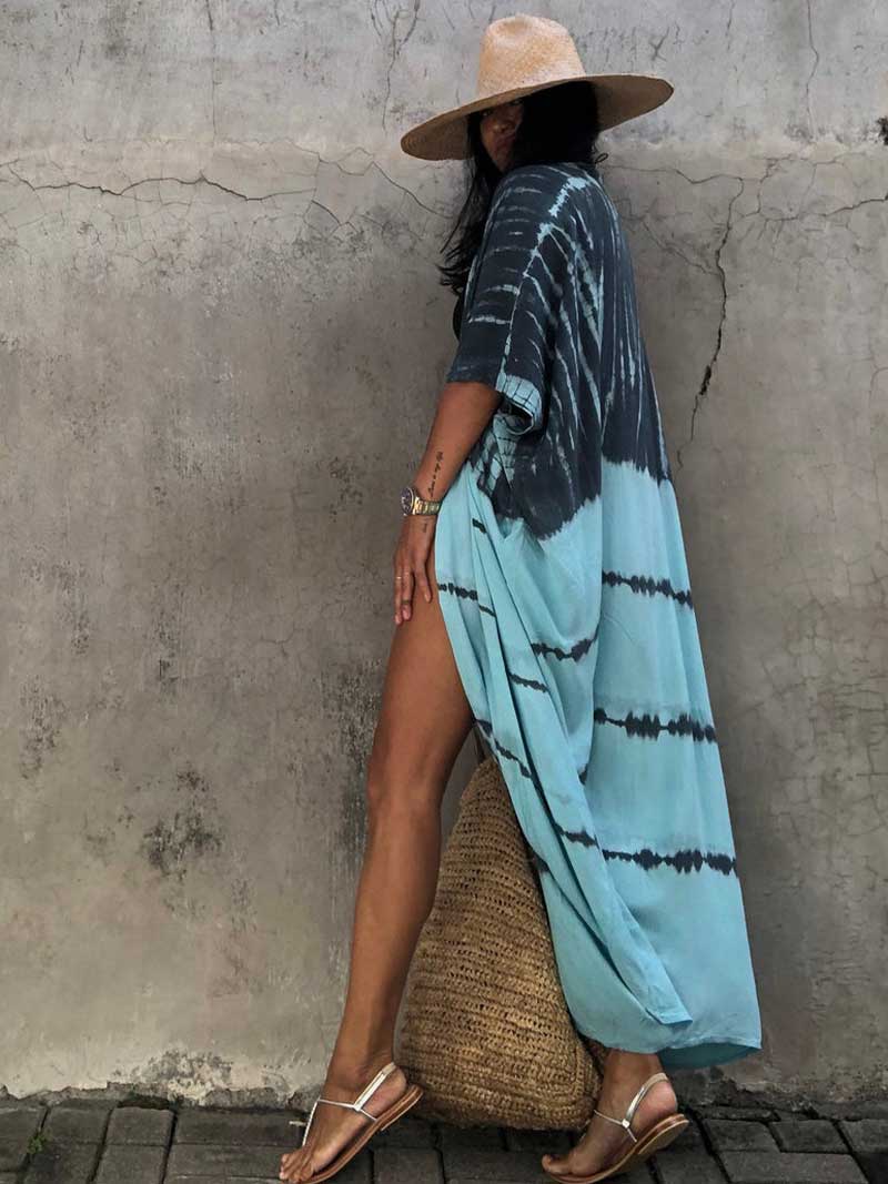 Tie-Dye Print Belted Short Sleeve Long Kimono Duster Robe 10