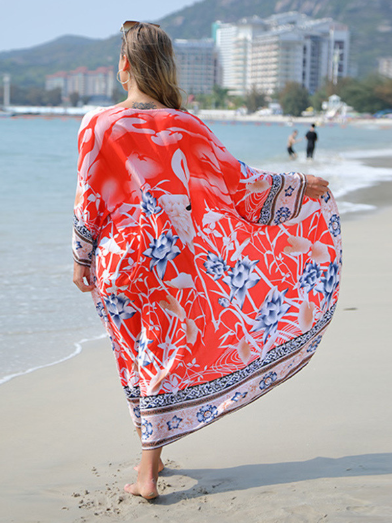 Floral Print Wide Sleeve Open Front Long Kimono 3
