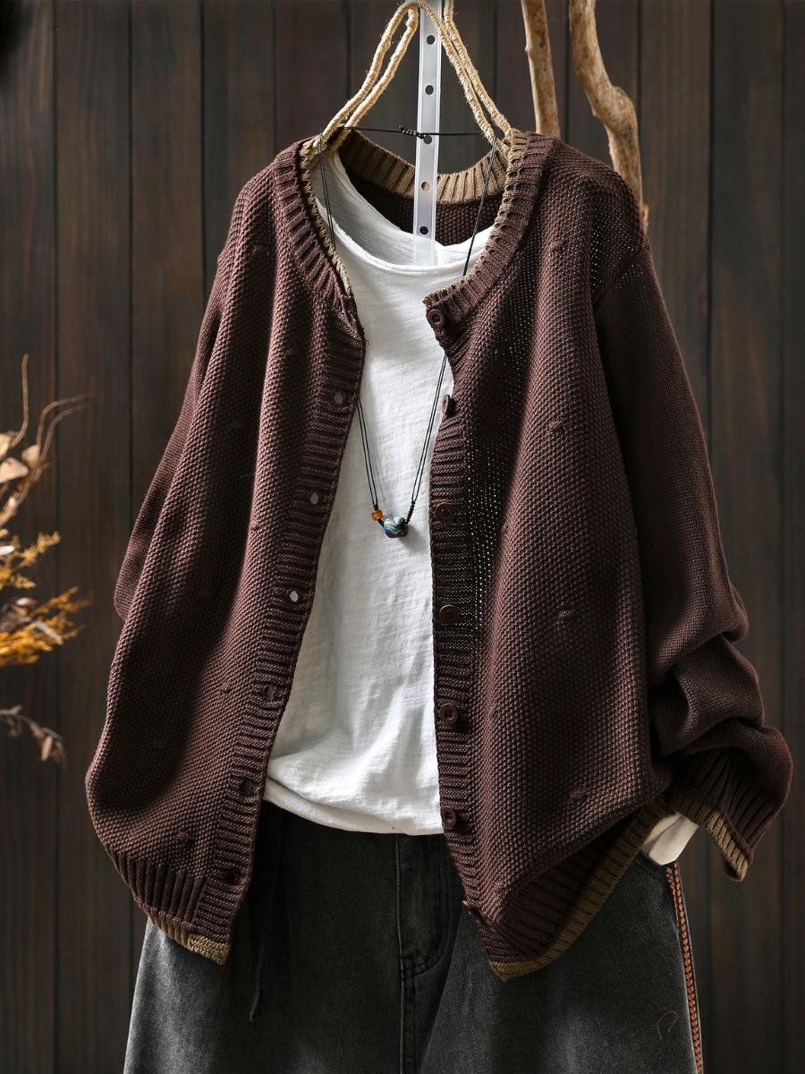 Textured Knit Button-Front Round Neck Long Sleeve Cardigan 5