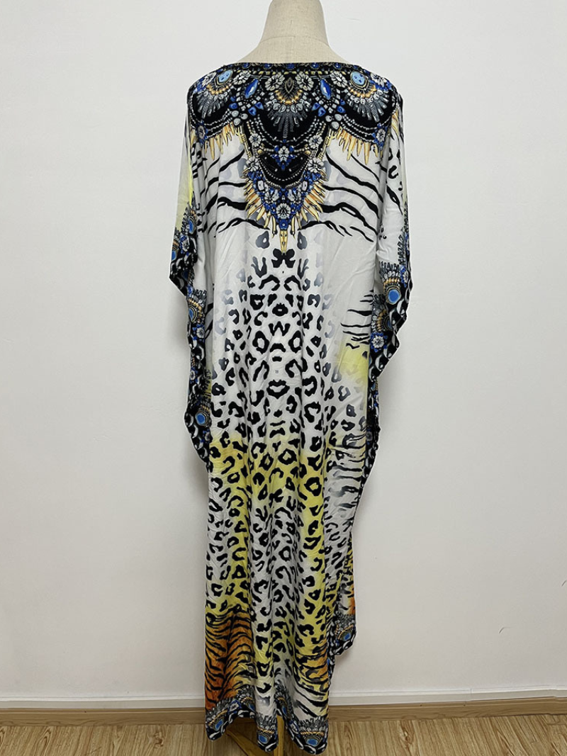 Round Neck Leopard Baroque Print Short Sleeve Loose Kaftan Maxi Dress 4