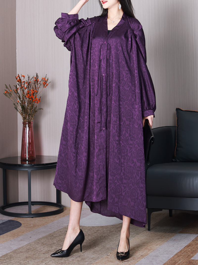 Purple V-Neck Tie Jacquard Long Sleeve Loose A-Line Midi Dress