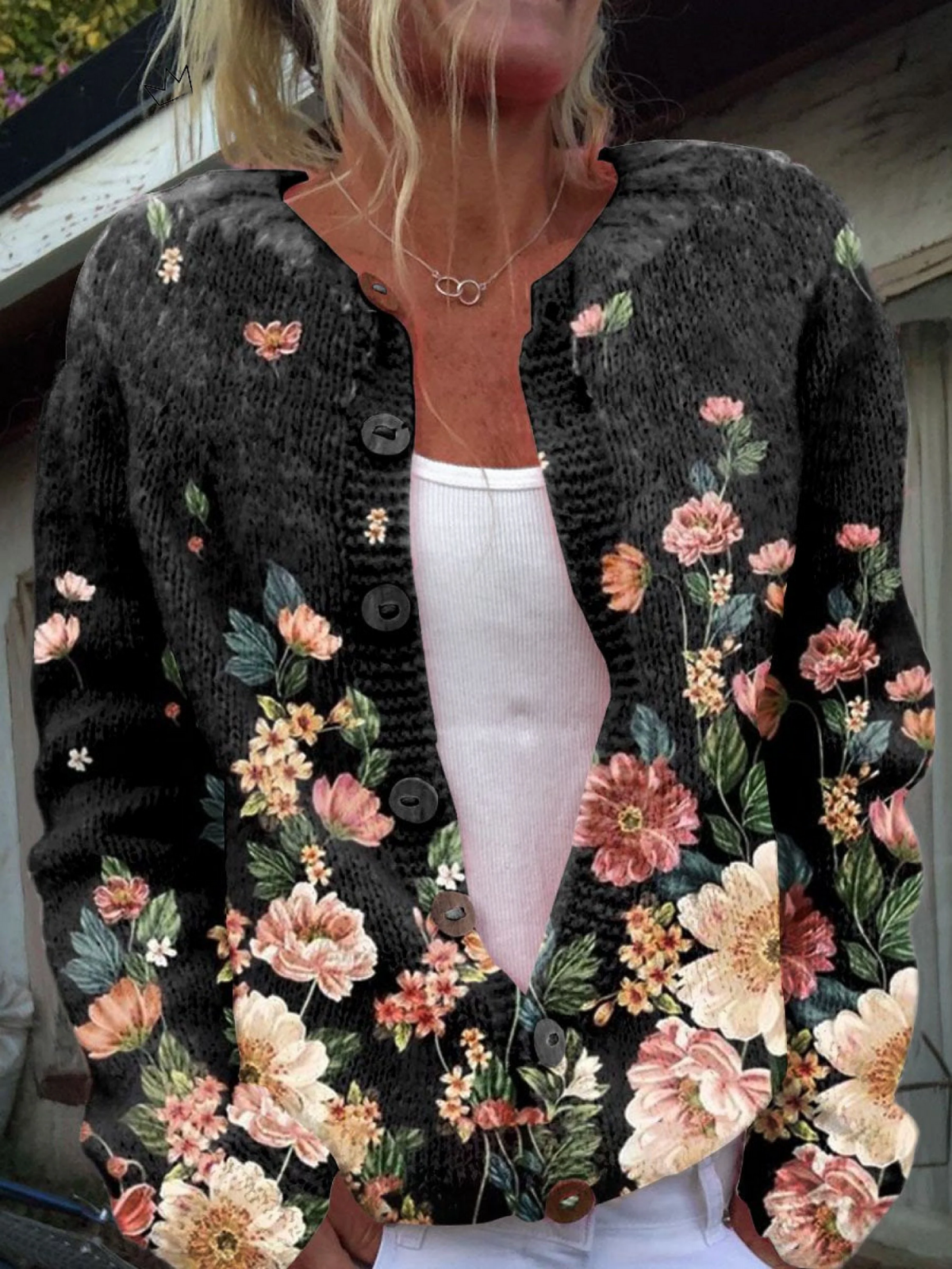 Round Neck Floral Print Button Front Knit Cardigan