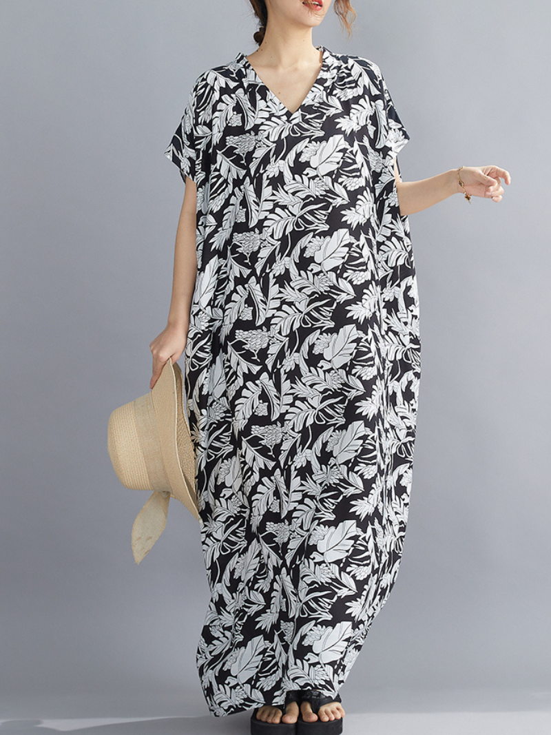 Black V-Neck Floral Leaf Print Short Sleeve Loose Kaftan Maxi Dress