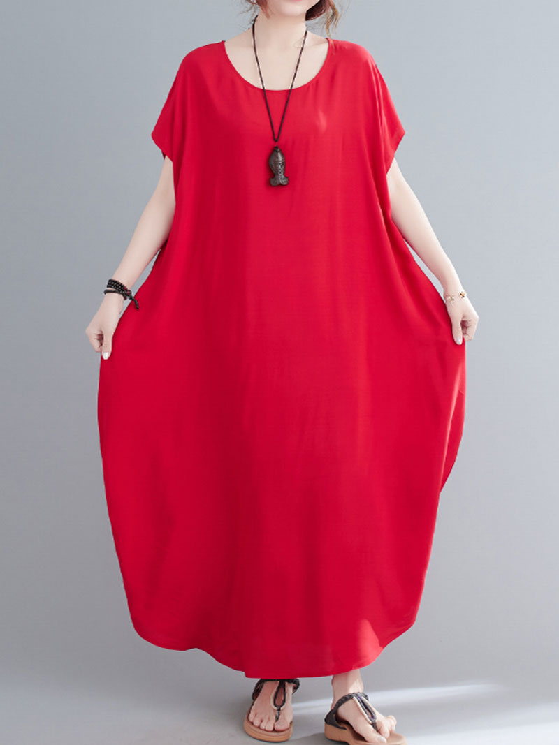 Round Neck Short Sleeve Loose Cocoon Maxi Dress 24