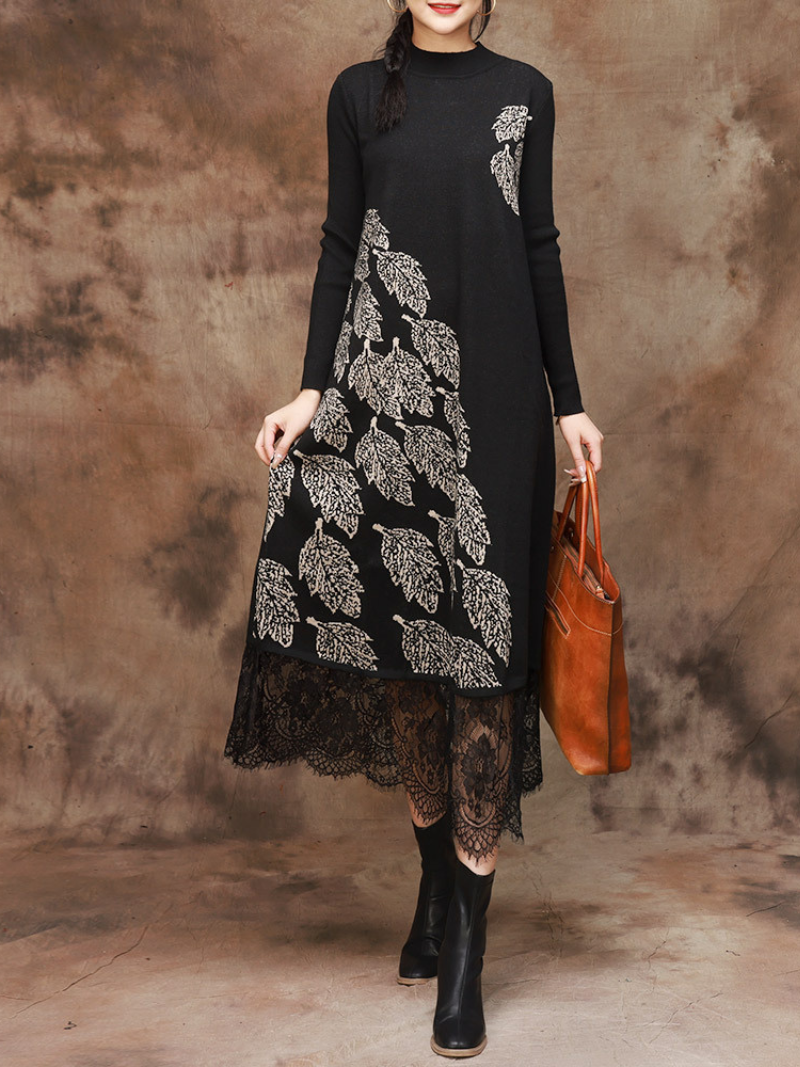 Mock Neck Long Sleeve Leaf Jacquard Knit Lace Hem Midi Dress 3