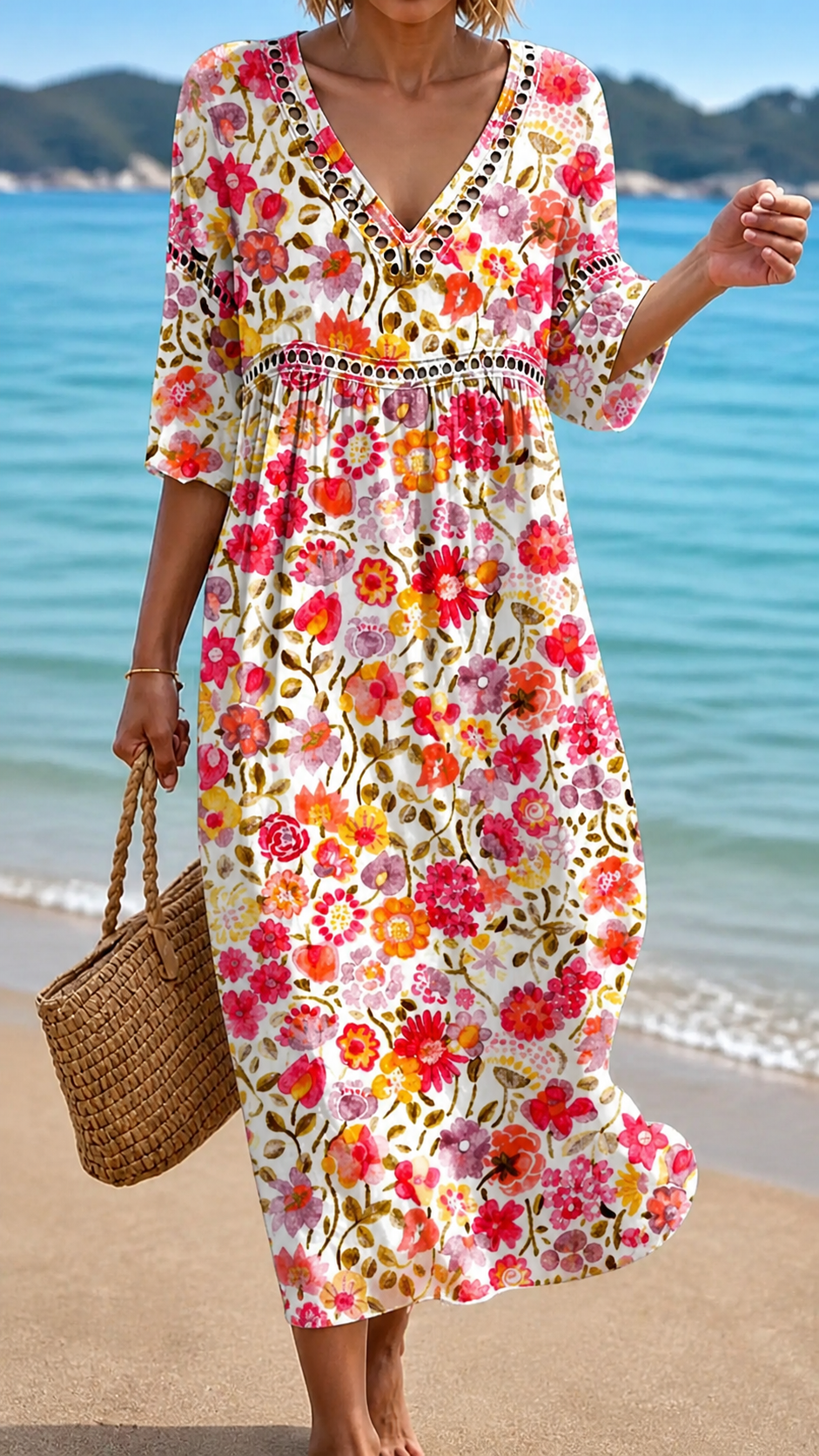 V-Neck Crochet Trim Floral Print Empire Waist Maxi Dress