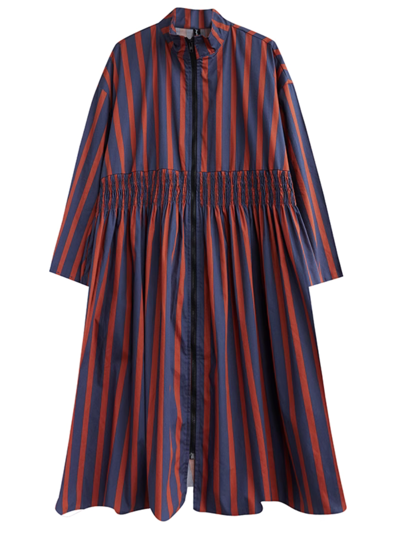 Stand Collar Striped Zip Front Shirred Long Sleeve A-Line Midi Dress