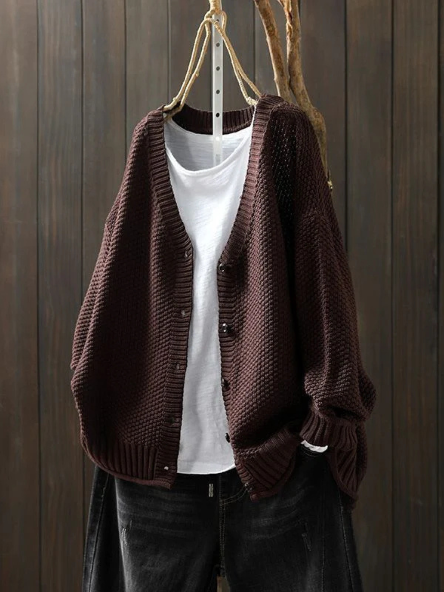 V-Neck Button Front Chunky Knit Long Sleeve Cardigan
