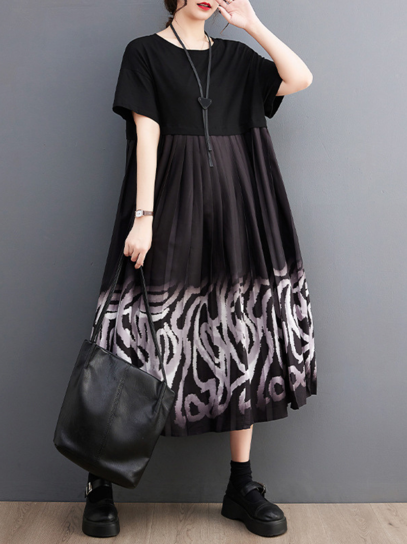 Black Round Neck Short Sleeve Abstract Print Pleated Smock Midi Dress