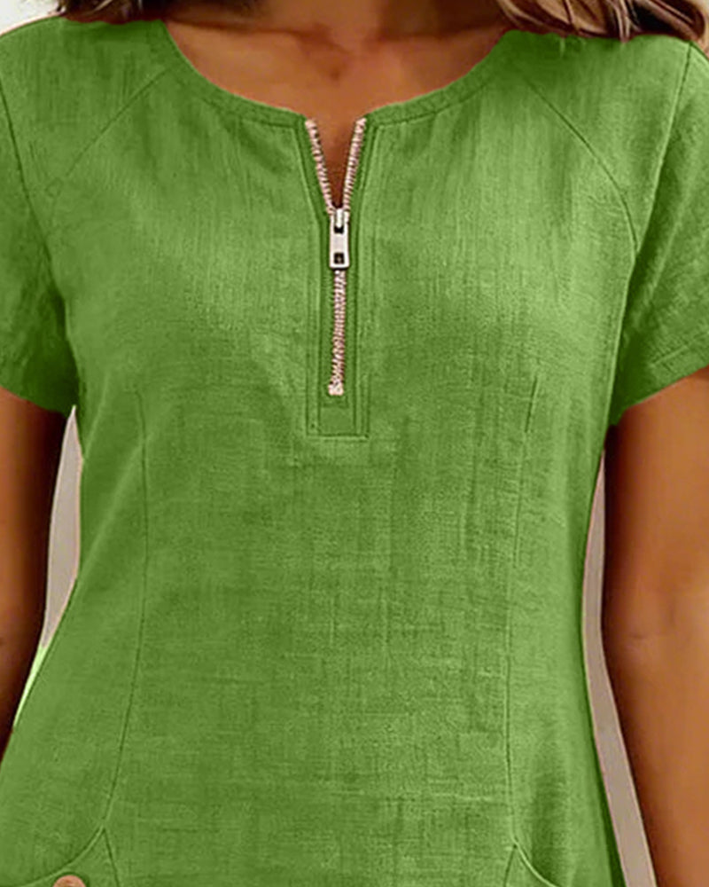 Round Neck Zip Front Short Sleeve Pocket Shift Mini Dress 14