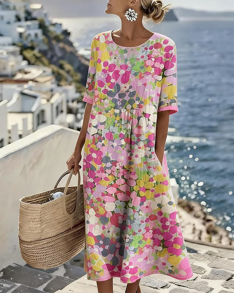 Round Neck Abstract Floral Print Short Sleeve Pocket A-Line Midi Dress