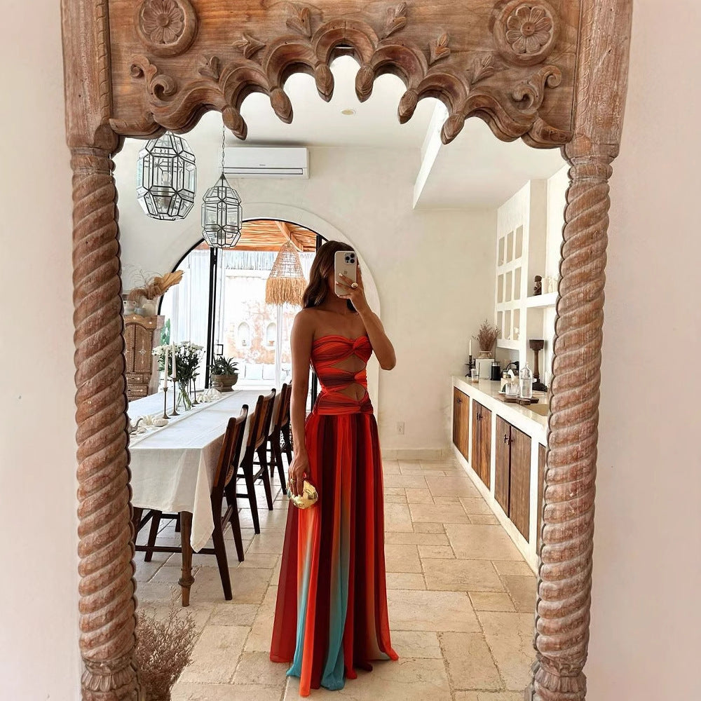 Sweetheart Red Strapless Twist Front Cutout Ombre Chiffon Maxi Gown
