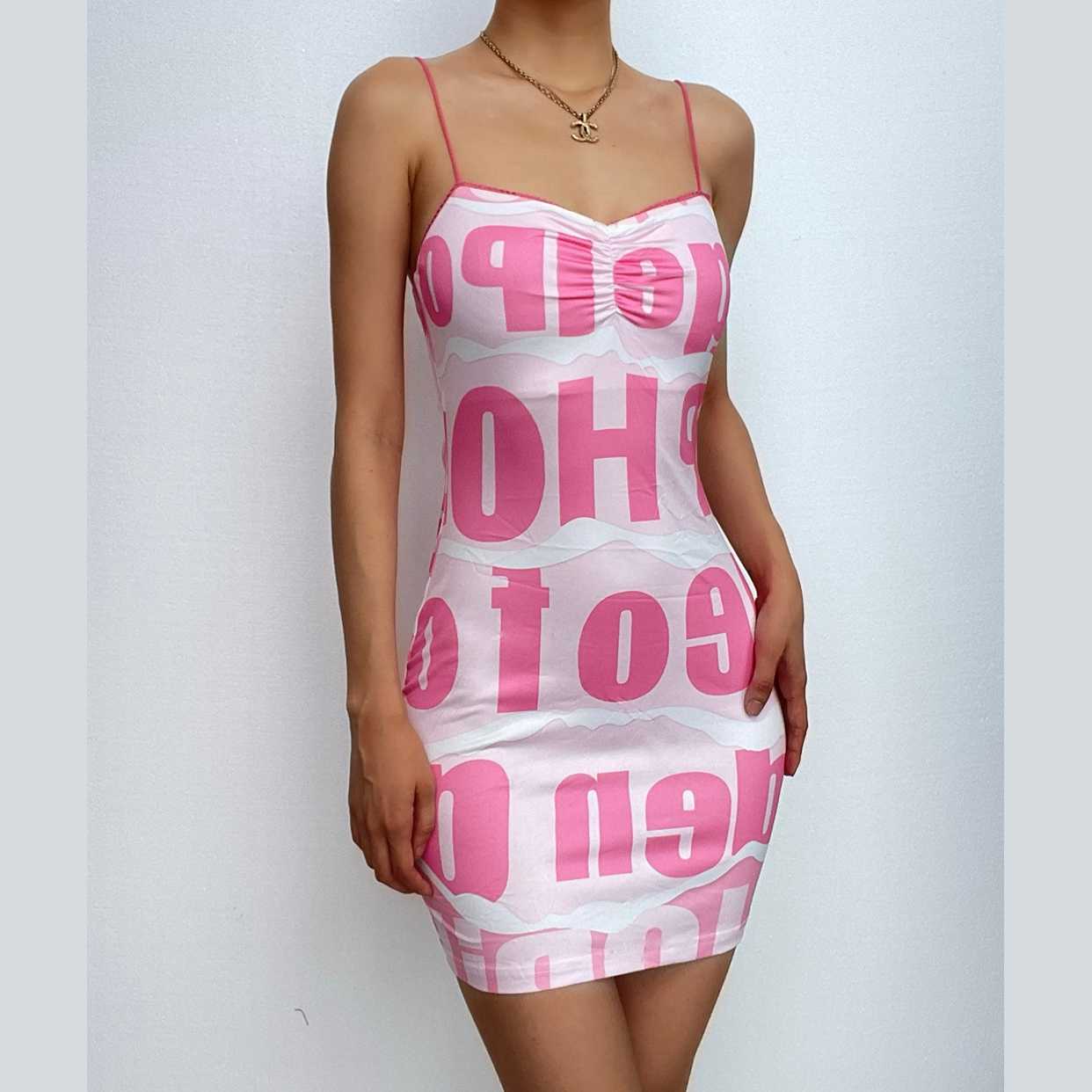 Ruched letter print spaghetti strap contrast backless mini dress
