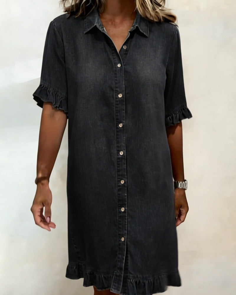 Collared Ruffle Cuff Ruffle Hem Denim Shirt Dress 8