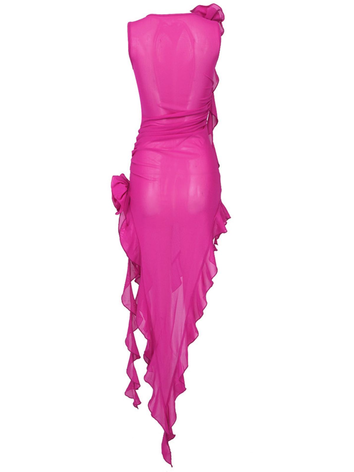 Crew Neck Rosette Applique Ruffle Asymmetric Hem Bodycon Midi Dress