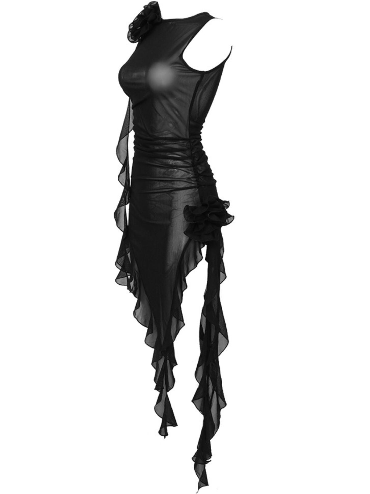 Round Neck Sheer Mesh 3D Flower Ruffle Asymmetric Midi Dress