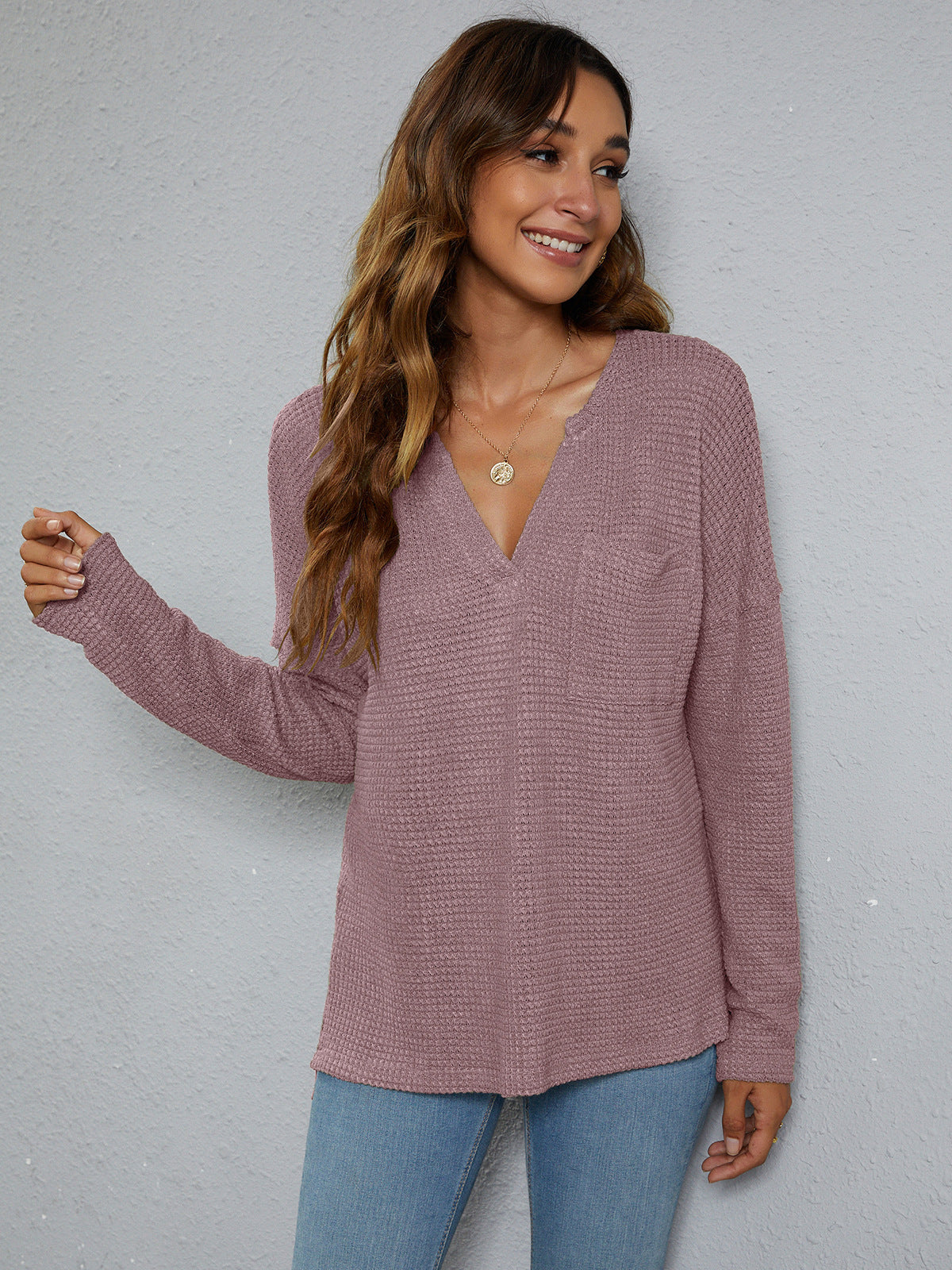 High-Low with Top Dropped Waffle-Knit Shoulder